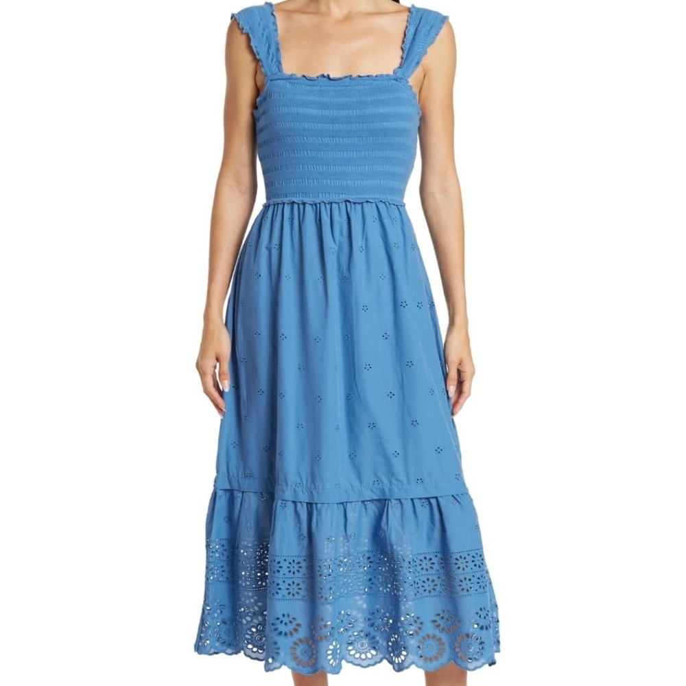 Betsey Johnson Blue Smocked Embroidered Eyelet Midi Dress Summer